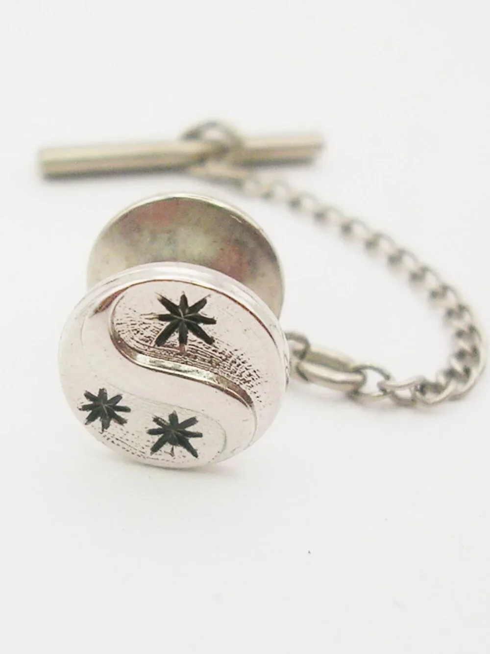 Vintage Tie Tack Pin with Chain silver tone Triple Starburst classic Men Jewelry